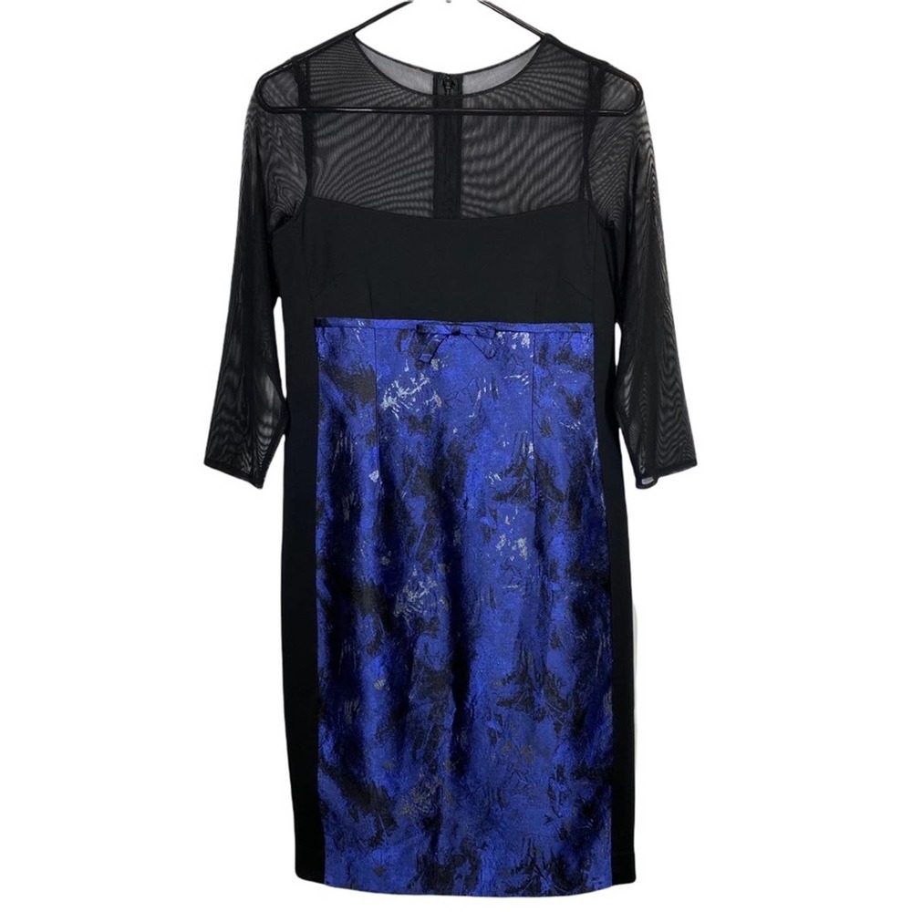Rickie Freeman Teri Jon Blue Black Mesh Bow Front Sheath Dress 6